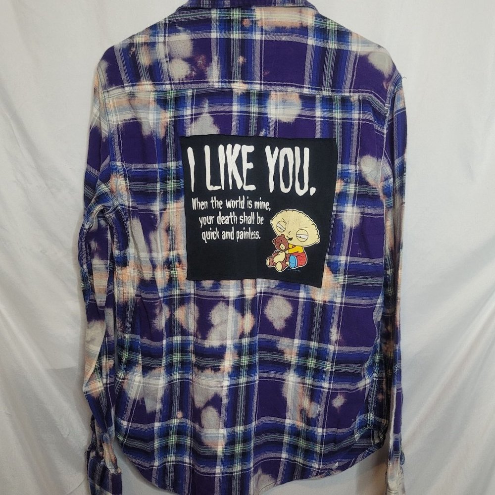Family Guy Stewie Upcycle Flannel Shirt Bleached Purple Plaid Aeropostale Med